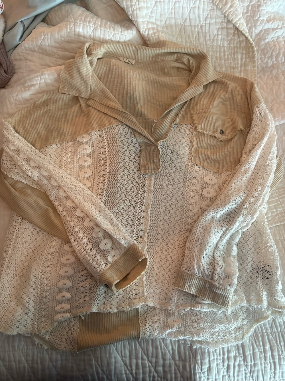 POL Beige and Cream Lace-Panel Pullover Hoodie